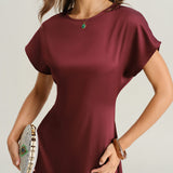 Red Satin Cowl Sleeve A-Line Midi Dress