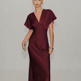 Wine Red Satin Cowl Sleeve Midi Dress
