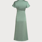 Green Satin V Neck A-Line Midi Dress