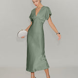 Green Satin V Neck A-Line Midi Dress
