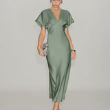 Green Satin V Neck A-Line Midi Dress