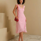 Pink V Neck Ruffle Sleeveless Midi Dress