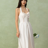 White Embroidery A-Line Halter Midi Dress