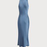 Blue Satin Boat Neck Slip Midi Dress