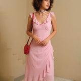 Pink V Neck Ruffle Sleeveless Midi Dress