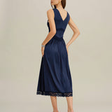 Blue V Neck A-Line Sleeveless Midi Dress