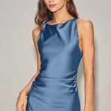Blue Satin Boat Neck Slip Midi Dress
