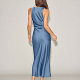 Blue Satin Boat Neck Slip Midi Dress
