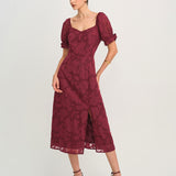 Wine Red Jacquard Slit Midi Dress