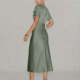 Green Satin V Neck A-Line Midi Dress