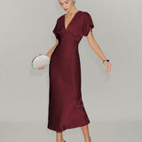 Wine Red Satin Cowl Sleeve Midi Dress