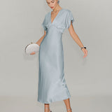 Blue V Neck Cowl Sleeve Satin Midi Dress