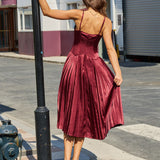 Wine Red Ruched A-Line Slip Midi Dress