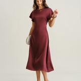 Red Satin Cowl Sleeve A-Line Midi Dress