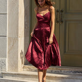 Wine Red Ruched A-Line Slip Midi Dress