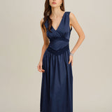 Blue V Neck A-Line Sleeveless Midi Dress