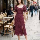 Wine Red Jacquard Slit Midi Dress