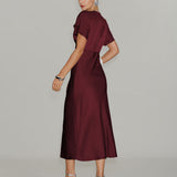 Wine Red Satin Cowl Sleeve Midi Dress