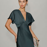 Grey Green Satin Cowl Sleeve Midi Dress