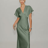 Green Satin V Neck A-Line Midi Dress