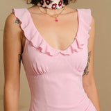 Pink V Neck Ruffle Sleeveless Midi Dress