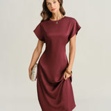 Red Satin Cowl Sleeve A-Line Midi Dress