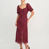 Wine Red Jacquard Slit Midi Dress