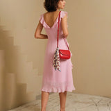Pink V Neck Ruffle Sleeveless Midi Dress