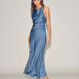 Blue Satin Boat Neck Slip Midi Dress