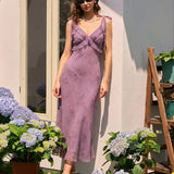 Purple Floral Ruffle Tie Strap Midi Dress