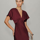 Wine Red Satin Cowl Sleeve Midi Dress