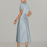 Blue V Neck Cowl Sleeve Satin Midi Dress