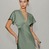 Green Satin V Neck A-Line Midi Dress