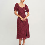 Wine Red Jacquard Slit Midi Dress