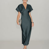 Grey Green Satin Cowl Sleeve Midi Dress