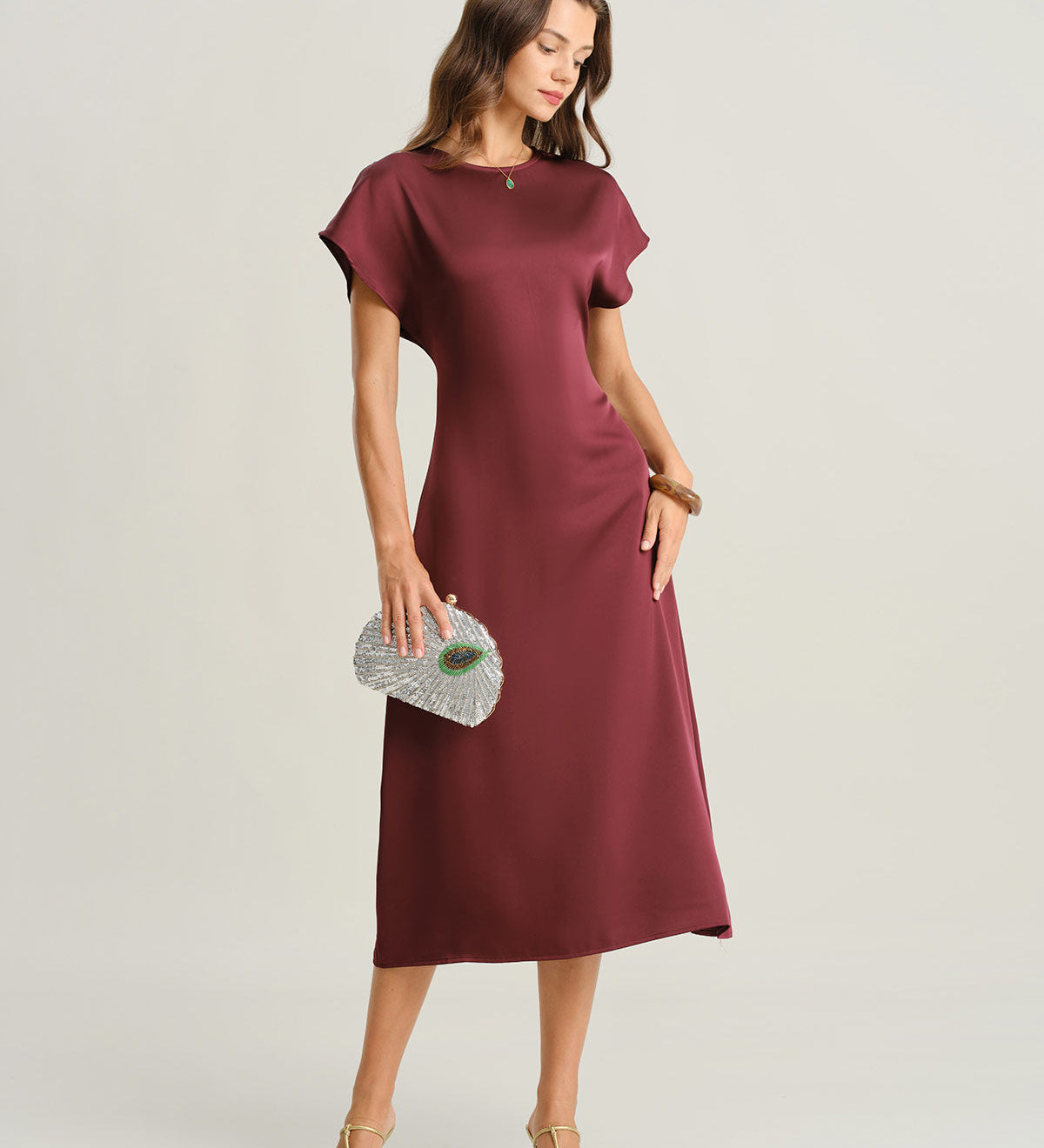 Red Satin Cowl Sleeve A-Line Midi Dress