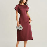 Red Satin Cowl Sleeve A-Line Midi Dress