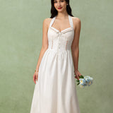 White Embroidery A-Line Halter Midi Dress