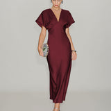 Wine Red Satin Cowl Sleeve Midi Dress