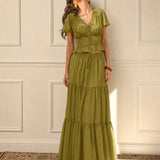 Green Elastic Waist Chiffon Maxi Skirt