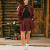 Wine Red Pleated A-Line Mini Skirt