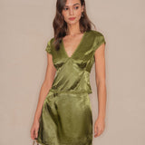 Green Floral Satin Mini Skirt