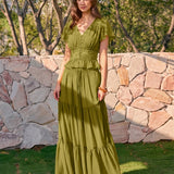 Green Elastic Waist Chiffon Maxi Skirt