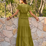 Green Elastic Waist Chiffon Maxi Skirt