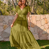 Green Elastic Waist Chiffon Maxi Skirt