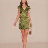 Green Floral Satin Mini Skirt