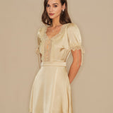 Apricot V Neck Lace Satin Mini Dress
