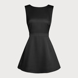 Black Boat Neck Pearl A-Line Mini Dress
