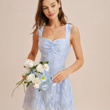 Blue Sweetheart Neck Jacquard Mini Dress