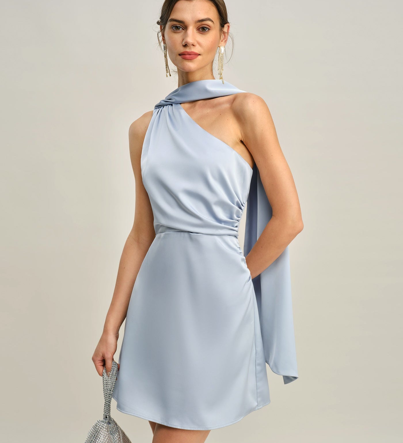 Blue One Shoulder Satin Mini Dress